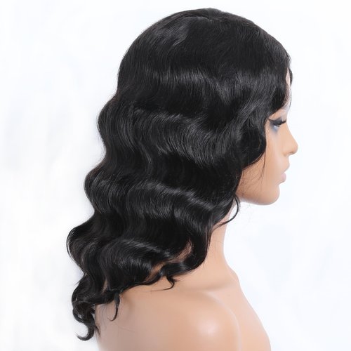 OnePart glueless human hair wig 16 inch loose deep wave body wave ocean wave wavy wigs for black women side part natural black