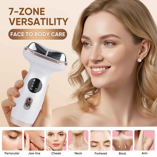 Microcurrent Facial Device with Red Light Therapy - 7-in-1 LED Sculptor & Hot Gua Sha for Face Neck Eye Firming, Depuffing & Double Chin Reduction