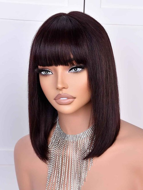 MURAME Bob Wig Human Hair 210% Density Bob Wig with Bangs 100% Human Hair Wigs for Black Women Pre-Bleached Glueless Straight Bob Wigs(12Inch)