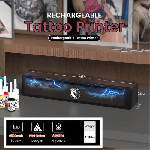 Wormhole Tattoo Stencil Printer with 25 Sheets Tattoo Transfer Paper Wireless Bluetooth 2,500mAh Battery Portable Tattoo Printer Compatible with Phone & PC for Artists and Beginners