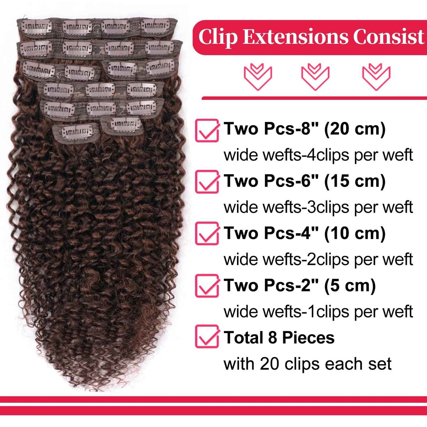18 Inch Chocolate Brown Kinky Curly Clip Ins 110g 8pcs 3C 4A Curly Clip In Hair Extensions Real Human Hair Full Head for Women 100% Brazilian Remy Human Hair Extensions Natural Color with 20 Clips #4