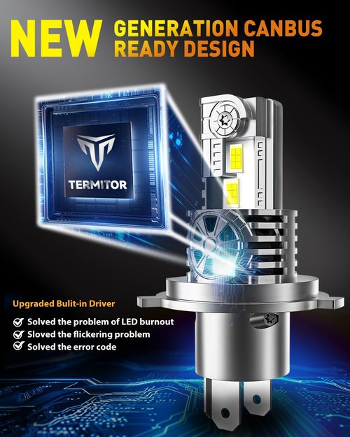Termitor Upgraded H4/9003 Light bulb Hi/Low Beam,50000LM 900% Super Brighter, 6500K Cool White, HB2 Fog Light Bulbs with Cooling Fan, 1:1 Mini Halogen Size, Plug and Play, Pack of 2