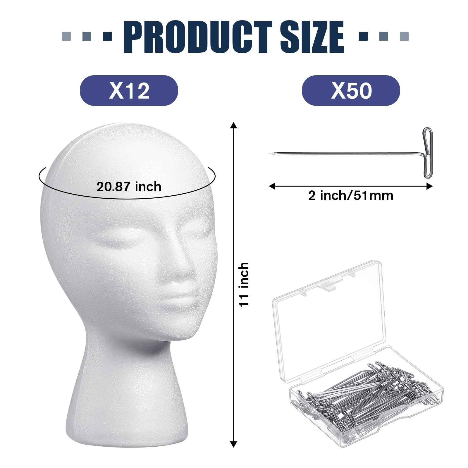 Gisafai 12 Pcs Foam Wig Head with 50 Pcs T Pins Female Foam Mannequin Wig Stand and Holder 11" Tall Cosmetics Model Head Display Hair, Hats Hairpieces Display for Home Travel Salon