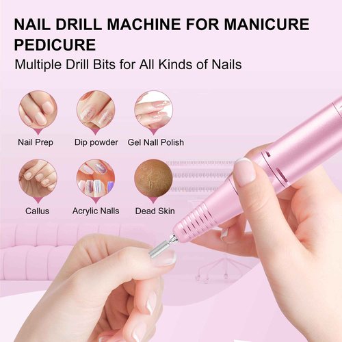 Professional Electric Nail Drill File: COSYGLOW Glitter Portable E-File Nail Drill Kit with11 Drill Bits Pink&Black