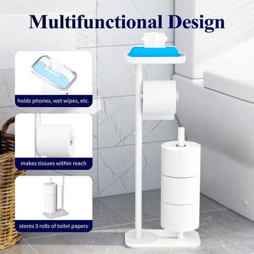 Kitsure Toilet Paper Holder Free Standing – Rustproof Metal Toilet Paper Stand for 4 Rolls with Anti-Slip Base and Shelf for Phone & Small Items, Bathroom Organizers and Storage, Medium, White