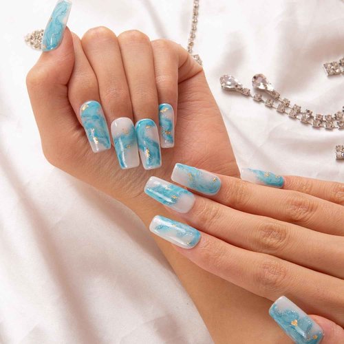 LOVFUL Press on Nails Blue Bay Wave French Tip | Handmade with Full Covered Crystals | Reusable Fake Nails | Square Regular 1.0 in | H63-S