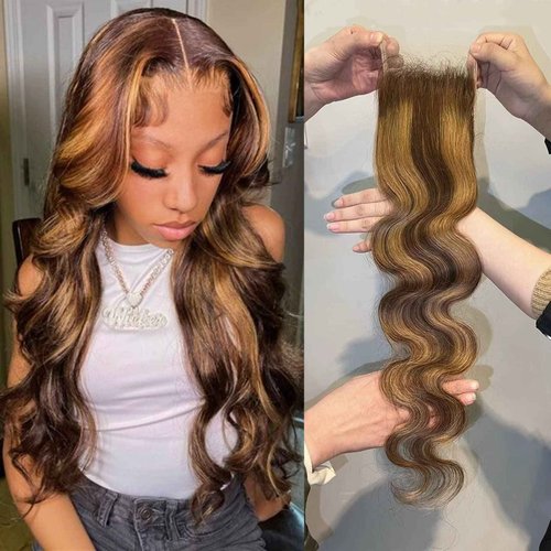 AUROO Highlight Body Wave Closure Honey Blonde Ombre 4x4 Closure Human Hair 18 inch, Transparent Lace Closure Frontal Pre Plucked with Baby Hair Brazilian 12A Unprocessed Virgin Remy 4/27 Wavy Closure
