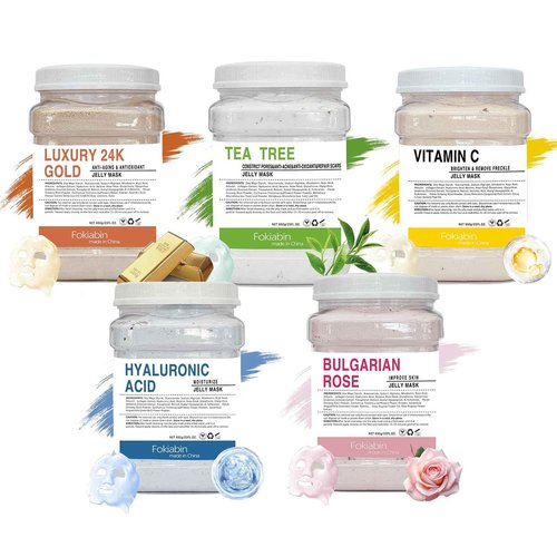 Fokiabin Jelly Mask for Facials Professional Hydrating Deep Cleaning Face Mask Set - 115Fl Oz 5 Treatments (Hyaluronic Acid,Bulgari Rose,24K Gold,VC Essence,Tea tree)
