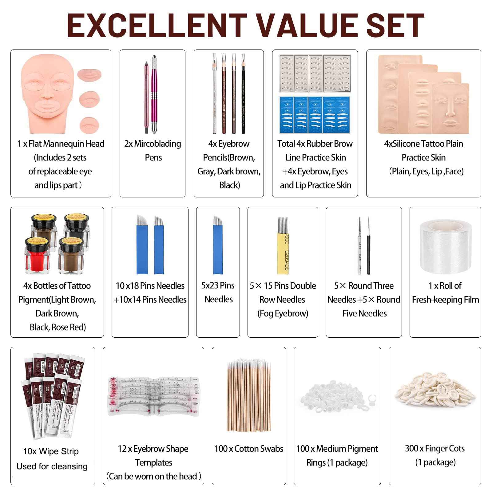 Microblading Supplies, Beauty Star Microblading Kit, Microblading Practice Skin with Microblading Pen, Eyebrow Tattoo Kit with Pigment Ink, Mannequin Head Set for Microblading and Makeup Practice