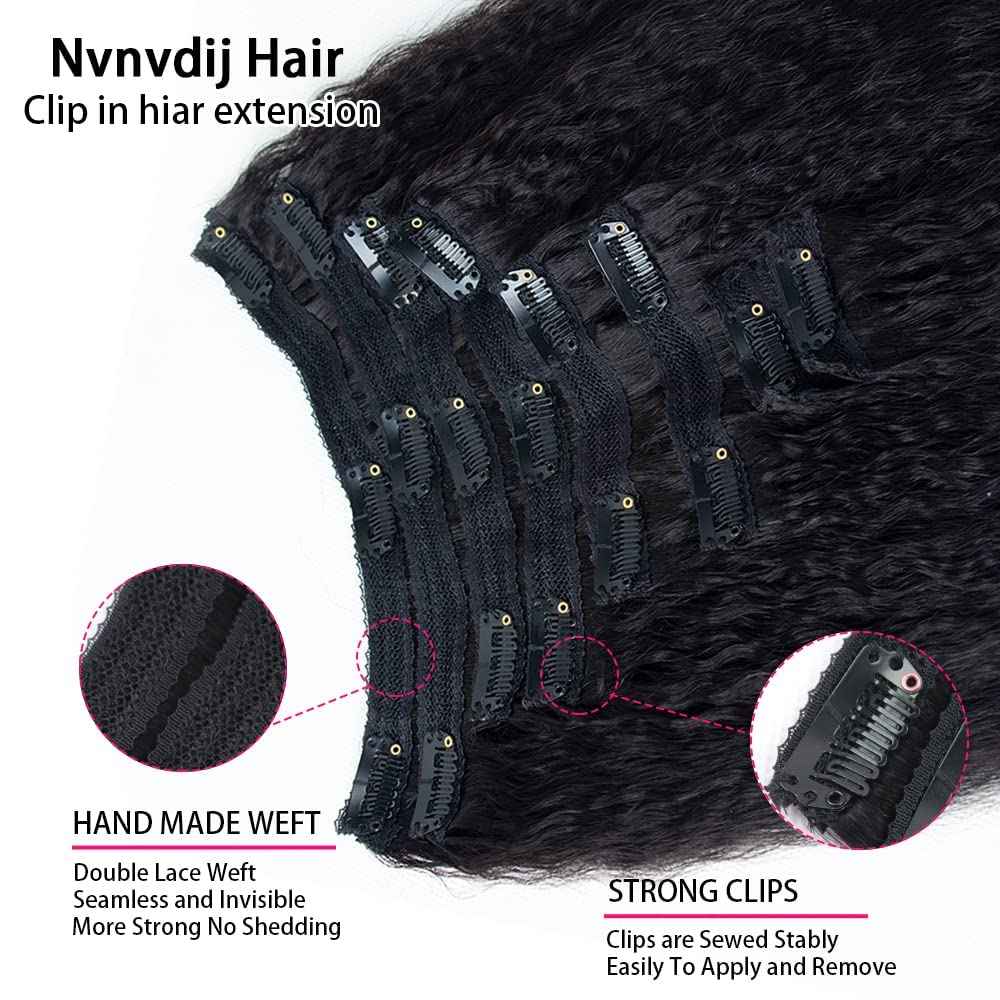 Kinky Straight Clip in Hair Extensions Human Hair for Black Women 8A Brazilian Kinky Real Hair Extensions Clip in Human Hair Full Head Natural Color 8pcs 18 Clips 120g/Set (16 Inch)