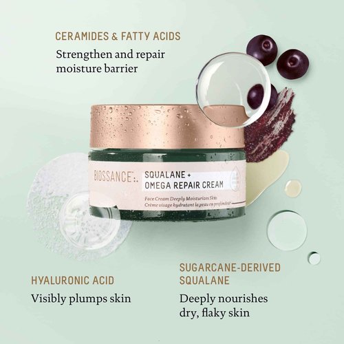 BIOSSANCE Squalane + Omega Repair Cream - Ultra-Moisturizing Face Cream - Skin Care with Hyaluronic Acid, Ceramides, Squalane - Ideal for Dry & Sensitive Skin, Intense Hydration Moisturizer - 1.7oz