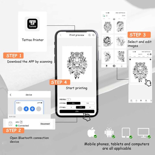 Tattoo Stencil Printer，Wireless Thermal Tattoo Printer Bluetooth Tattoo Transfer Printer with 10 Transfer Papers，Compatible with Smartphone/ipad&PC，Tattoo Supplies for Tattoo Artists&Beginners