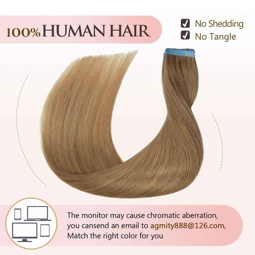 AGMITY Tape in Hair Extensions Human Hair 16 inches #27 Honey Blonde 20pcs 40g/pack Straight Seamless Hair Extensions Tape in Human Hair(16 inches #27 Honey Blonde)