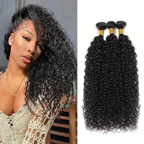 Kinky Curly Human Hair Bundles 20 22 24 Inch Curly Wave Bundles Human Hair Unprocessed Native Virgin Hair 100/PC 3 Extensions Natural Black Color 1B Wet and Wavy Human Hair Extensions for Women