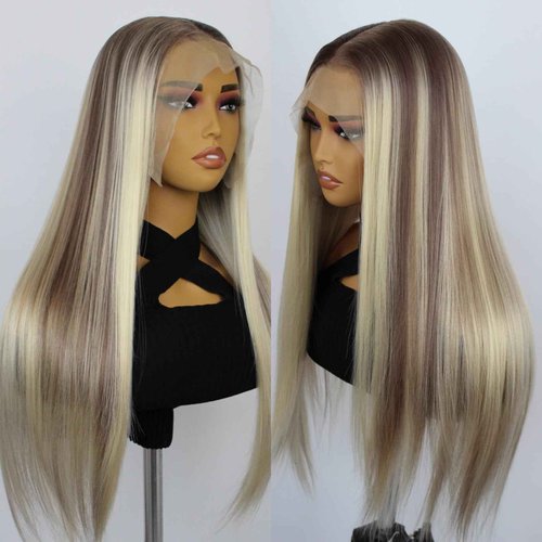 mytonecoo 13x6 Lace Front Wig Synthetic Hair Highlight Blonde Balayage Long Straight Synthetic Lace Front Wig with Preplucked Hairline for Women 24inch Daily Wig