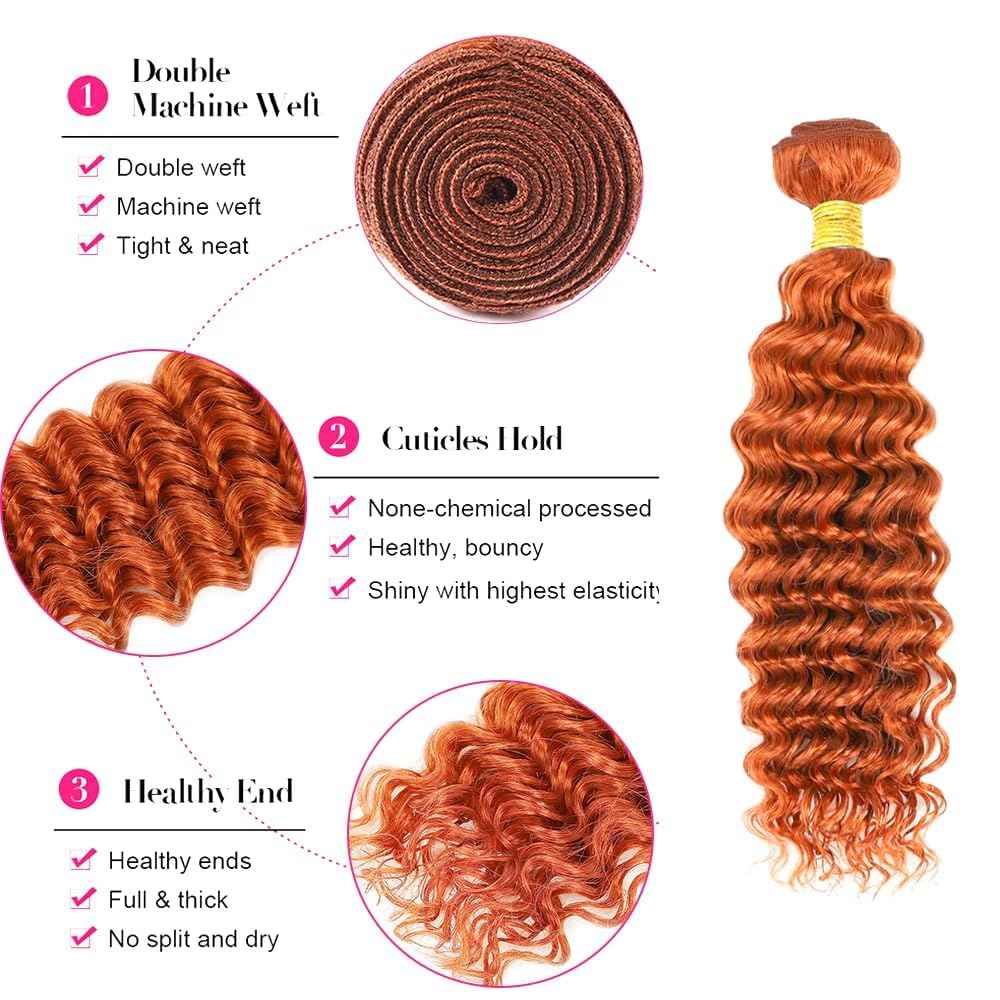 Ginger Bundles Human Hair Color 350 Deep Wave Bundle Grade 8A Peruvian Virgin Remy 3 Bundles 16 18 20 Inch Double Weft Real Orange Hair Weave