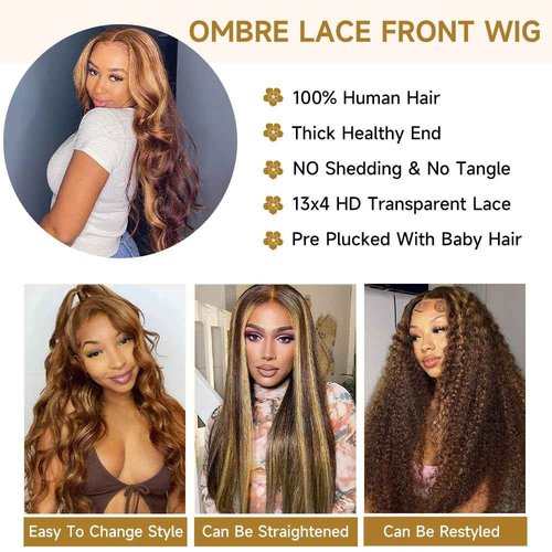 YUNXING Ombre Lace Front Wig Human Hair Highlight 13X4 Lace Front Wigs Human Hair Pre Plucked 200% Density Honey Blonde 4/27 Colored Wigs for Women 26 Inch