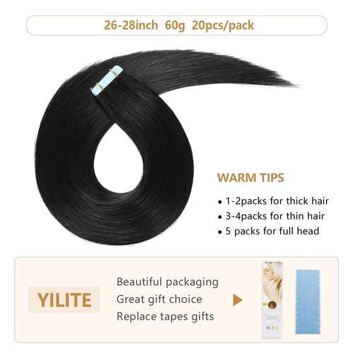 YILITE Jet Black 28inch Tape in Hair Extensions Human Hair #1 20pcs 60g/pack Straight Tape in Hair Extensions Remy Human Hair Seamless Skin Weft Jet Black Tape ins(28Inch Jet Black #1)