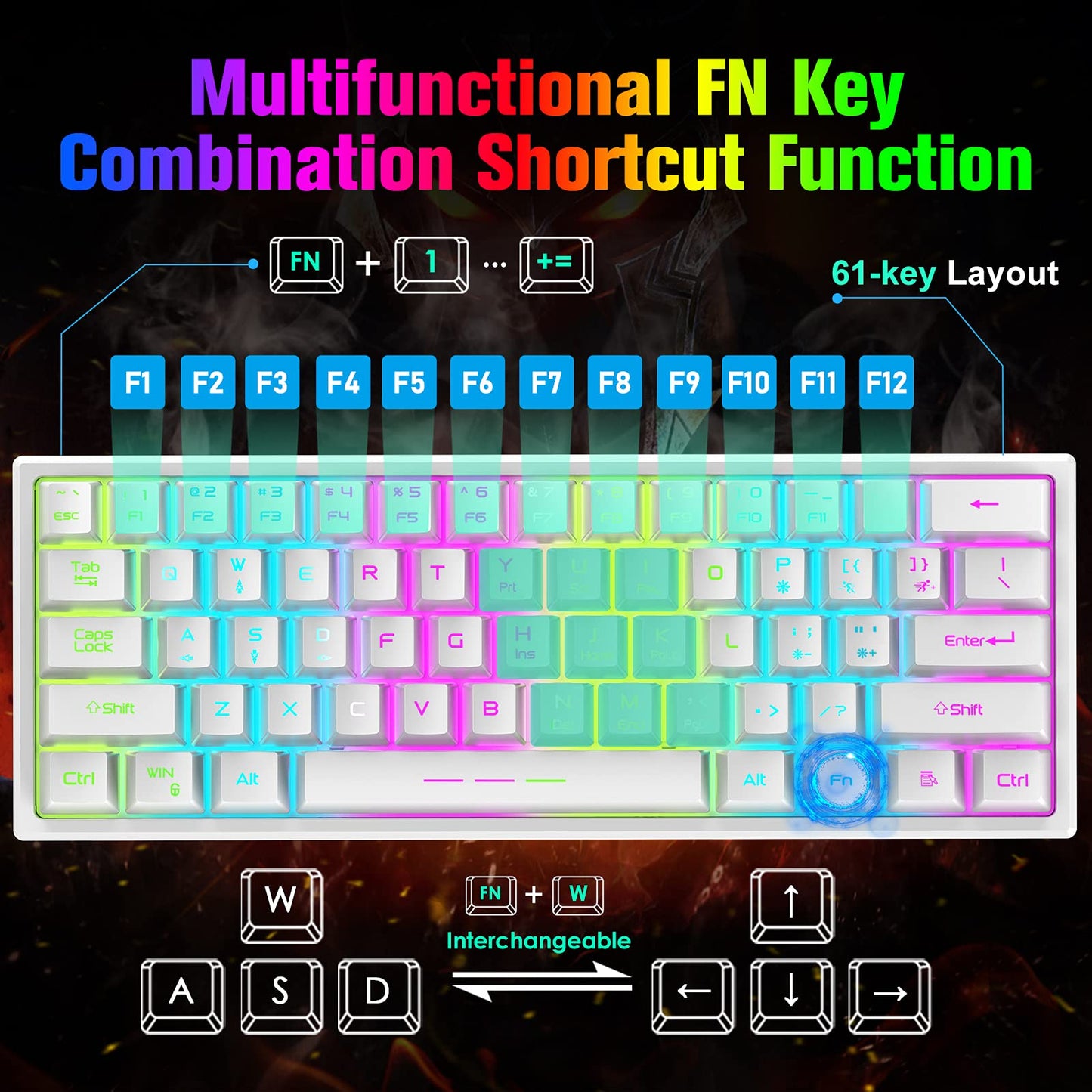 ZIYOU LANG T61 Wireless Gaming Keyboard and Mouse Combo with Ergonomic 61 Key Rainbow LED Backlight Anti-ghosting Mechanical Feel Rechargeable 4000mAh Battery Mouse Pad for PC MAC Gamer Typists(White)
