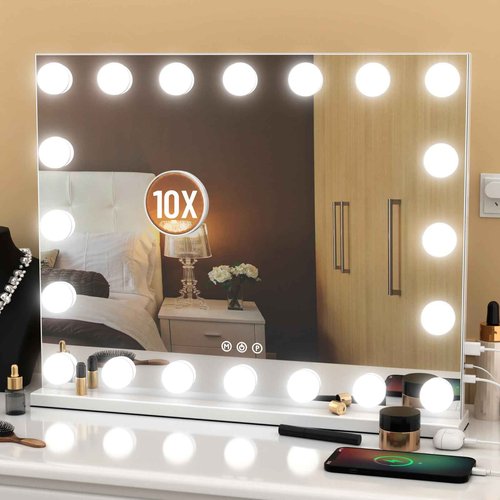AJJSSA Vanity Mirror with Lights, 23"x 18" Large Hollywood Vanity Mirror with 10X Magnification & 20 Dimmable 3 Colors Modes LED Bulbs, Type-C Charging Port, Metal Frame, White.