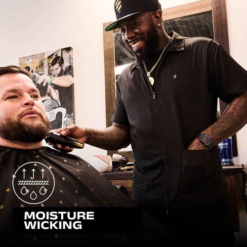 Barber Strong Barber Jacket, Men's Black, Hair Repellent, Lightweight and Breathable Vented Side Panels, Features Easy Hair Removal and 2-Way Zipper Closure, XL, Great for Pet Grooming