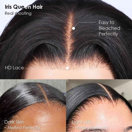 Iris Queen 13x4 HD Straight Lace Front Wigs Human Hair Pre Plucked 12A 180 Density Brazilian Transparent Lace Frontal Wig for Black Women with Baby Hair Natural Black Color (20 inch)