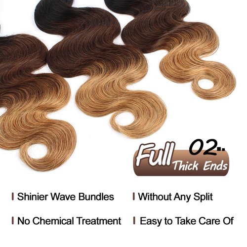12A Ombre Human Hair Bundles T1b/4/27 Body Wave Bundles 100% Brazilian Virgin Human Hair 3 Tone Ombre Black Brown Blonde Quick Weave Bundle Deal for Women 14 16 18 Inch Thick and Full Hair Extensions