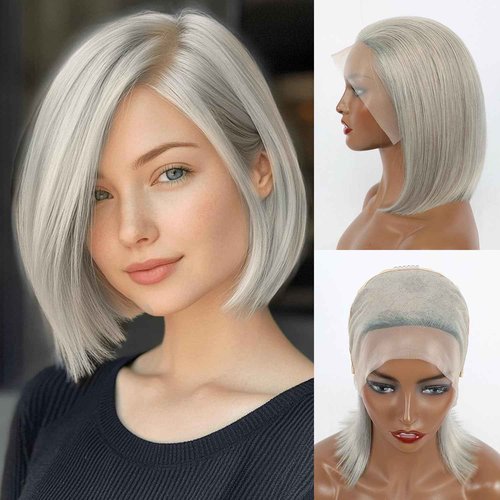 Evala Bob Wig Human Hair Silver Wig 13x4 Lace Front Wig Human Hair Bob 10 inch #Silver Human Hair Bob Wig 180% Density Short Bob Wig Colored Bob Wig Human Hair