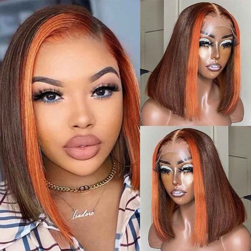 Goldfinch Ginger Orange Highlight Skunk Stripe Short Bob Wigs Human Hair Ombre 13x4 HD Chocolate Brown Straight Lace Frontal Bob Wigs Brazilian Virgin Wig 150% Density Pre Plucked 14 Inch