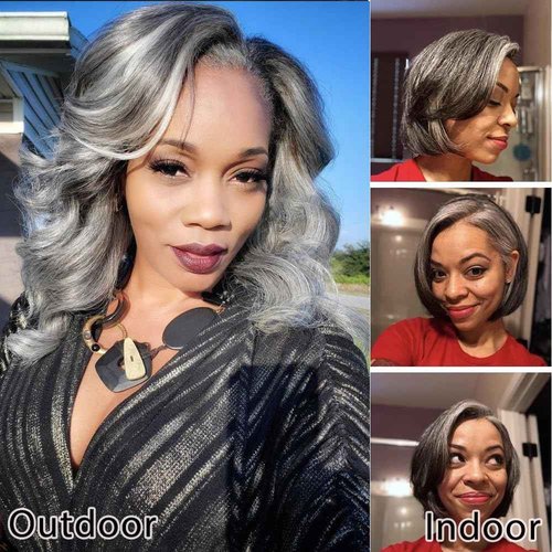 Belaved Bob Lace Front Wigs Human Hair Grey Salt & Pepper 12 Inch Ombre Silky Straight Balck Mix Grey Short Bob 13x4 HD Lace Frontal 180% Density Pre Plucked Bleached Knots Glueless