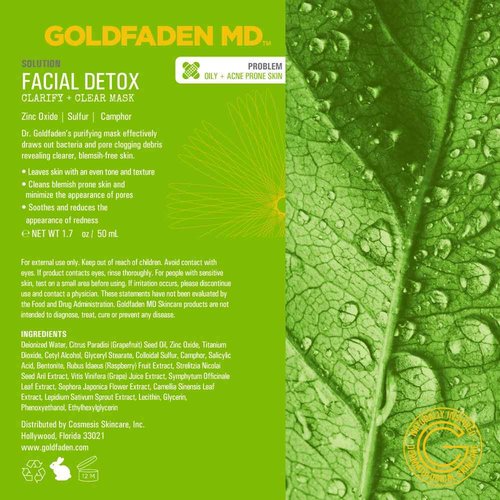 GOLDFADEN MD Facial Detox Mask Clarifying Face Mask w/Zinc Oxide, Sulfur, Salicylic Acid & Grapefruit Purifying Deep Clean Minimizes the Appearance of Redness, Blackheads & Pores 1.7 ﬂ oz