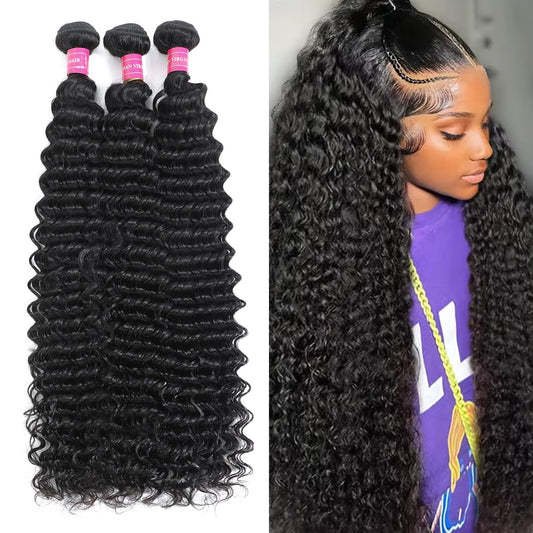 14A Deep Wave Bundles Human Hair 22 24 26 Inch, Full and Silky 100% Unprocessed Brazilian Virgin Human Hair Extensions Natural Black (Deep Wave Bundles, 22 24 26)
