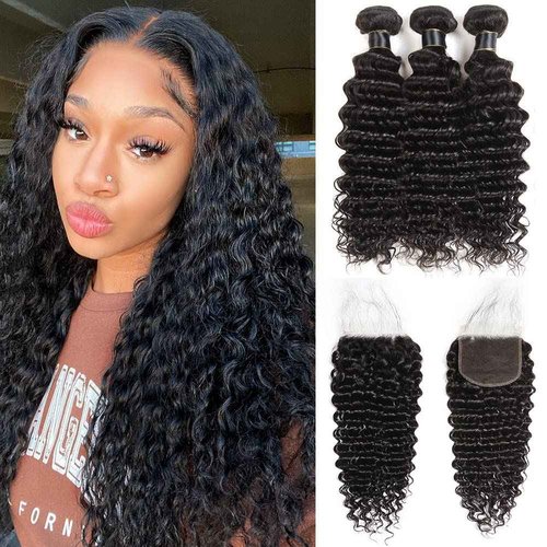 Deep Wave Bundles (12 14 16+10) 100% Unprocessed 3 Bundles Human Hair with 4x4 HD Lace Free Part Baby Hair Closure 10A Natural Color