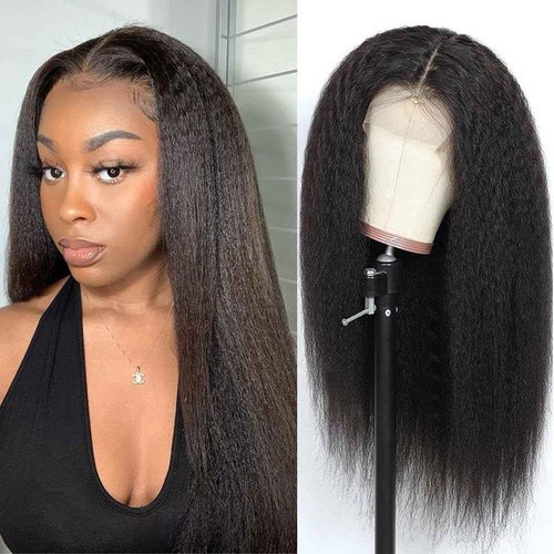 veravicky Kinky Straight Wig 16 Inch 180% Density Yaki Straight Human Hair Wig With Pre-Plucked Hairline & Adjustable Straps,Natural Black 13x4 Lace Front Wigs Human Hair For Black Women