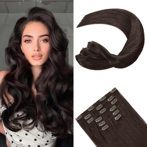 FoxFace Clip in Hair Extensions Real Human Hair, Thick Extensions from Root to Tip, Natural Hair Clip Ins, Dark Brown, 22 Inch 120g 7Pcs