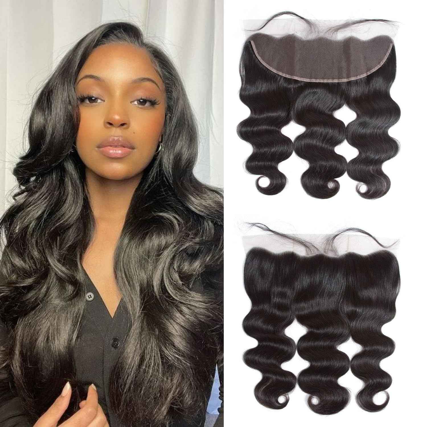 13x4 Body Wave HD Lace Frontal Human Hair 18 inch Brazilian Virgin Human Hair Pre Plucked Hairline 150% Density Ear To Ear Transparent Lace Frontal Closure Natural Black Color