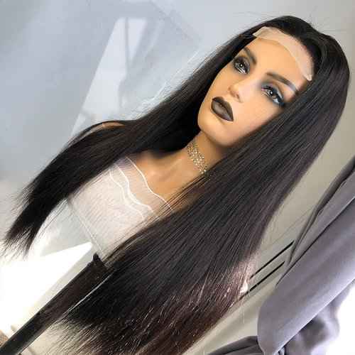 Ainimiu Straight Lace Front Wigs Human Hair Pre Plucked 180% Density Glueless 12A Brazilian Virgin Hair 4x4 Lace Closure Wig For Black Women Natural Black With Baby Hair 16inch