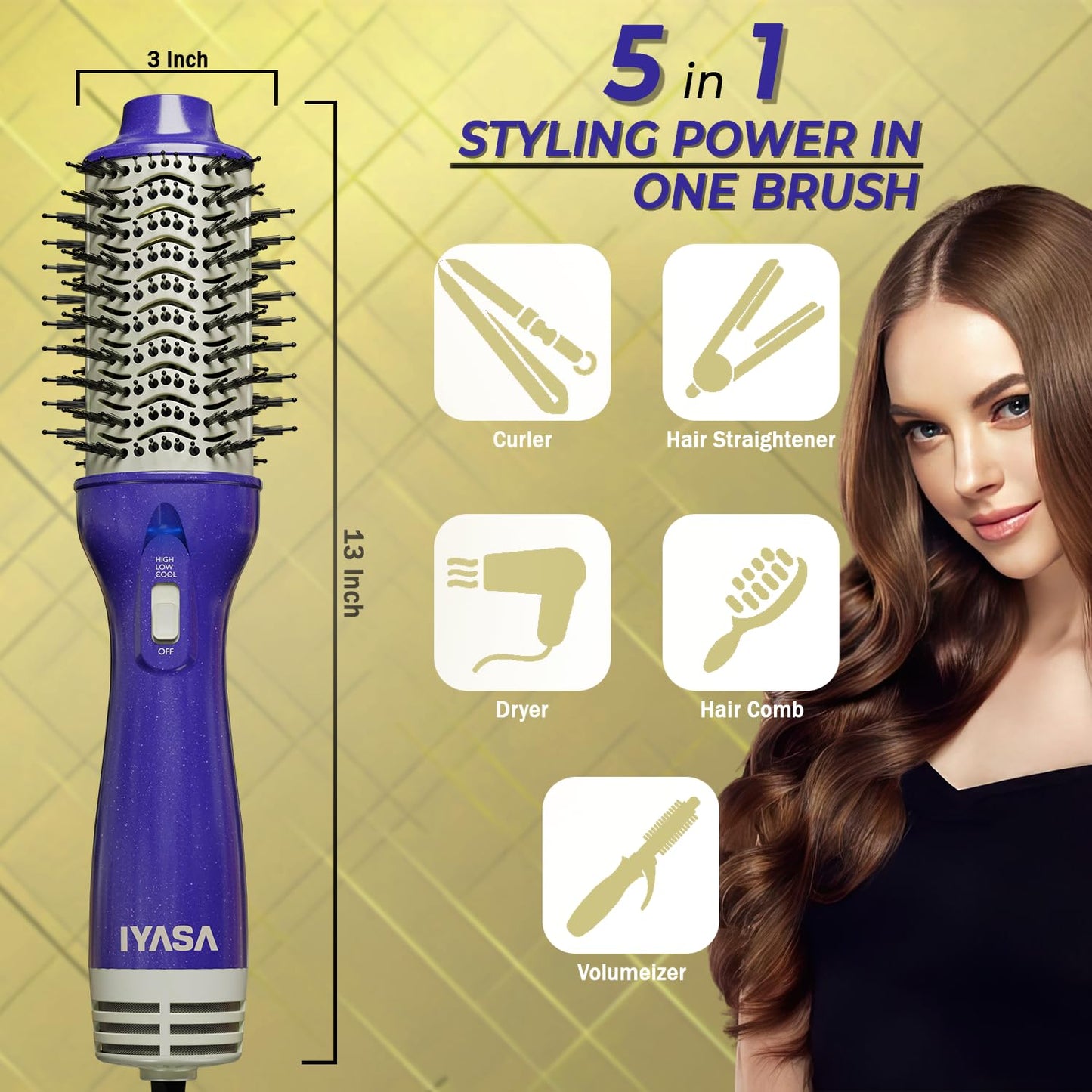 3” Large Barrel Ionic Hot Air Brush Hair Dryer – 75 mm One‑Step Volumizer Blowout Brush for Thick & Long Hair, 1100 W Plastic‑Tourmaline, Frizz Control, 3 Heat / 2 Speed, 13” Length