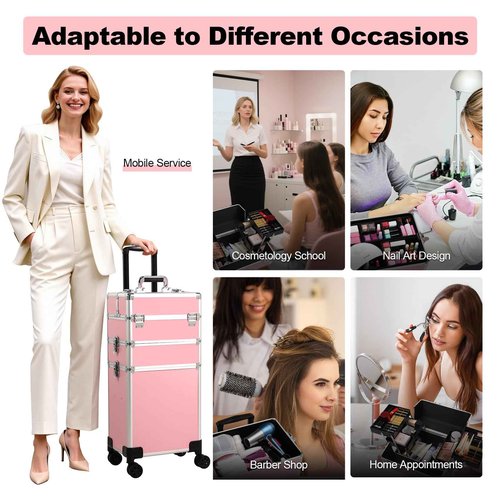 Rolling Makeup Case, Cosmetology Case on Wheels with Large Storage, Durable Design, Ideal Gift for Makeup Artists, Hairstylists, Nail Techs, Portable Beauty Organizer for Travel or Salon Use, Pink