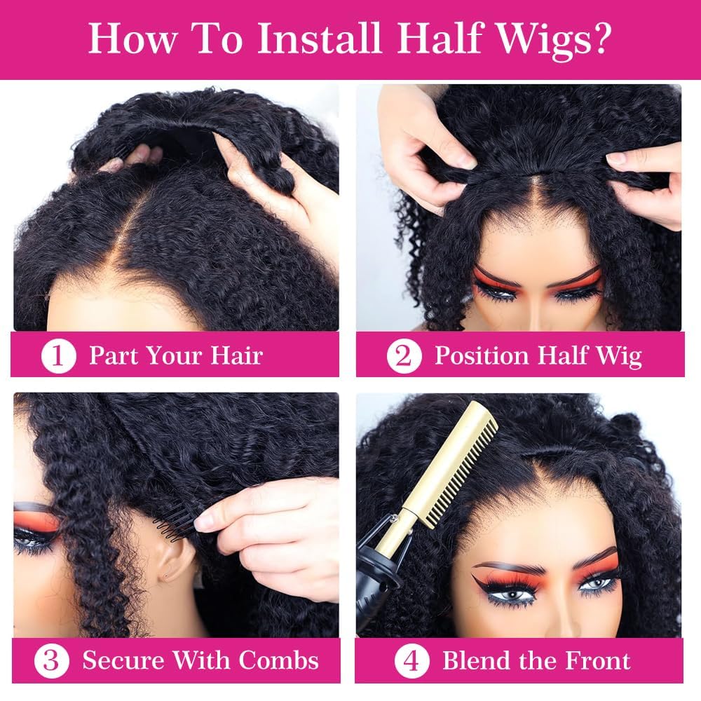 Larhali Kinky Curly Half Wig Human Hair 180% Density Wear And Go Glueless Wigs Human Hair 16 Inch Curly 3 In 1 Half Wigs for Women Drawstring Seamless Flip Headband Wig Beginner Friendly