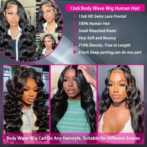 KXBKXB 13x6 Natural Color Body Wave HD Transparent Lace Frontal Wigs Human Hair 220% Density Body Wave Lace Front Wigs Human Hair Pre Plucked Glueless Wig Human Hair for Women 24Inch