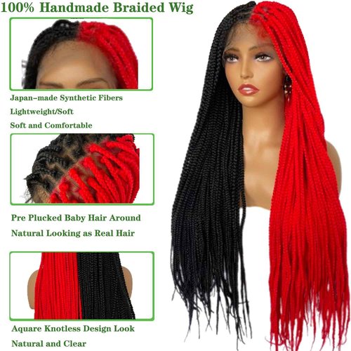 Voloria Braided Wigs for Black Women 9x6inch Double Lace Front Square Knotless Box Braid Wig Pre Plucked with Baby Hair Synthetic Hand Braiding Hair Wigs Cornrow Braids 36 Inch