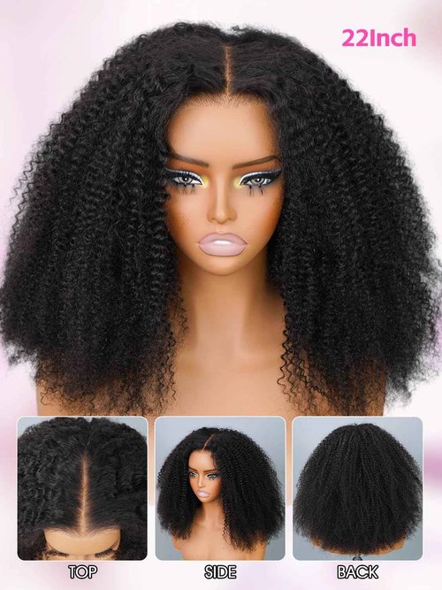 V SHOW Afro Kinky Curly Wear and Go Glueless Wigs Human Hair Pre Plucked Pre Cut 7x5 HD Lace Front Wigs Pre Bleached Bye Bye Knots 180% Density Afro Curly Lace Closure Wig Human Hair for Women 18 Inch
