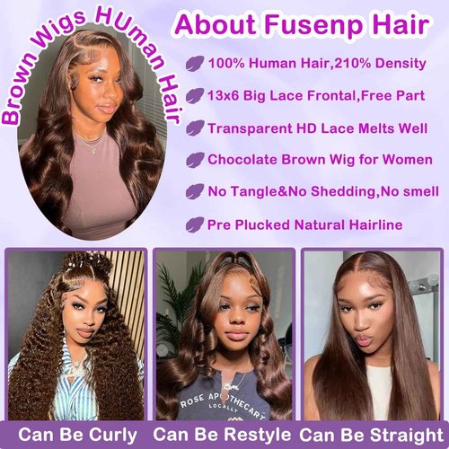 Fusenp 210% Density 13x6 Chocolate Brown Lace Front Wig Human Hair Hd Body Wave Lace Frontal Wigs Human Hair Pre Plucked for Women Brown Wig Lace Frontal Wigs Human Hair (24 Inch)