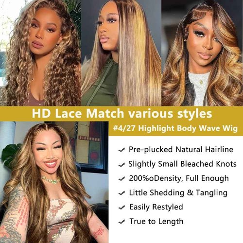 Vibja Honey Blonde Glueless Wigs Human Hair for Black Women 13x4 Body Wave Highlight Ombre HD Lace Frontal Wigs Human Hair 200% Density 4/27 Pre Plucked with Baby Hair 24 Inch