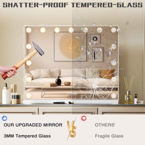 COOLJEEN Vanity Mirror with Lights and Bluetooth, Hollywood Makeup Mirror with 15 Dimmable LED Bulbs and USB Charging, 3 Color Modes Lighted Vanity Mirror, Tabletop/Wall-Mount (Shatterproof Glass)