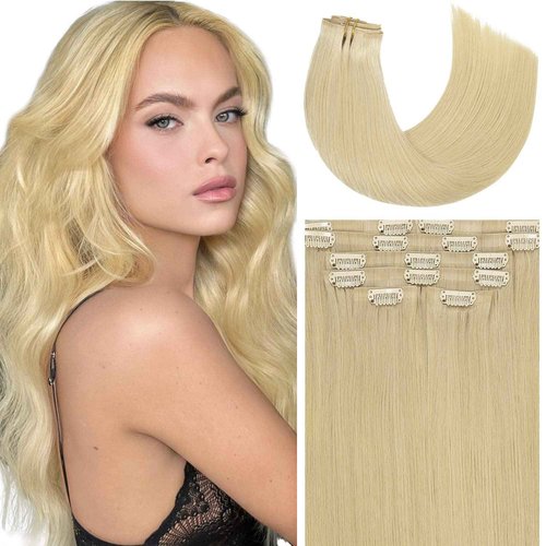 Anrosa Bleach Blonde Highlights - 18Inch Seamless Clip in Human Hair Extensions (7 Pcs, 110Gram) - Real, Natural, Silky Straight PU Weft