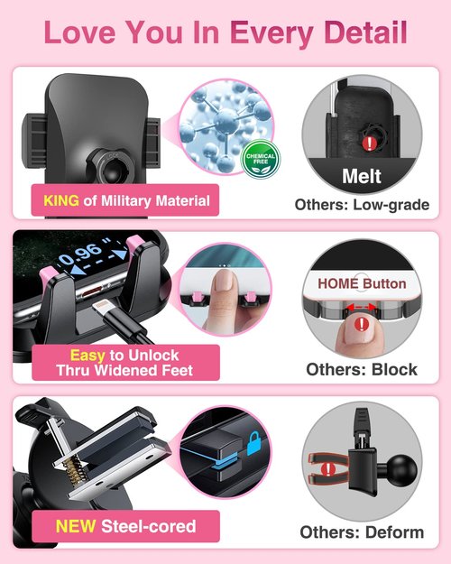 VANMASS Universal Car Phone Mount,【Patent & Safety Certs】 Upgraded Handsfree Dashboard Stand, Phone Holder for Car Windshield Vent, Compatible iPhone 14 13 12 11 Pro Max Xs XR X, Galaxy (Pink)