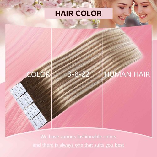 Sweetmet Injection Tape in Hair Extensions Real Human Hair 3rd-Generation #3/8/22 Walnut Brown to Ash Brown and Golden Blonde 20pcs 35g 16inch Invisible Tape ins Extensions(#3/8/22-16inch）