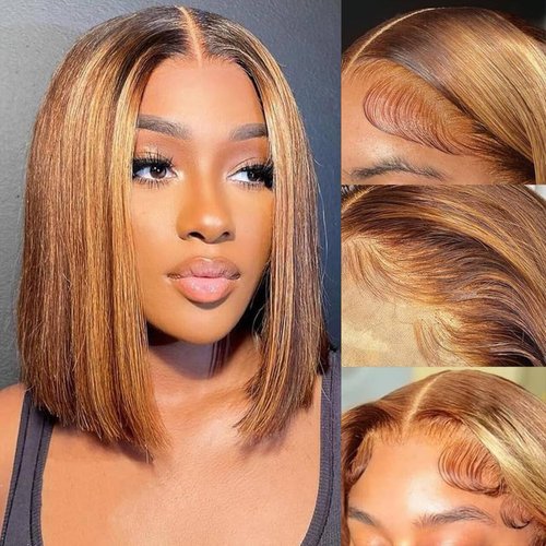 Thogriy 4/27 Honey Blonde 13x4 Bob Wig Human Hair 180% Density HD Transparent Lace Front Wigs Human Hair Short Bob Pre Plucked Straight Wigs Human Hair for Women 16 Inch